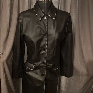 Bagatelle Vintage 90’s/Y2K Black Leather Trench or Car Coat with White Stitching